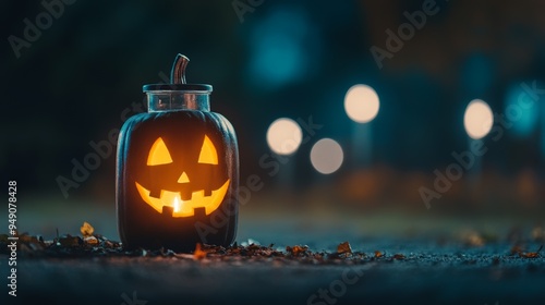 A glowing Halloween pumpkin jar lights up the night, creating a spooky atmosphere perfect for autumn festivities. photo