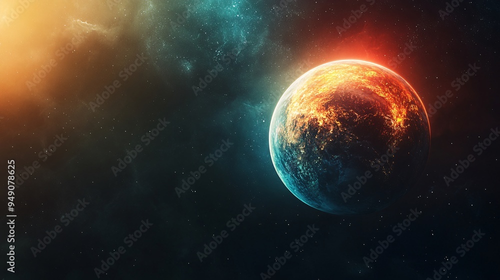Luminescent Glowing Planet in Dark Space with Vibrant Colors and Copy Space