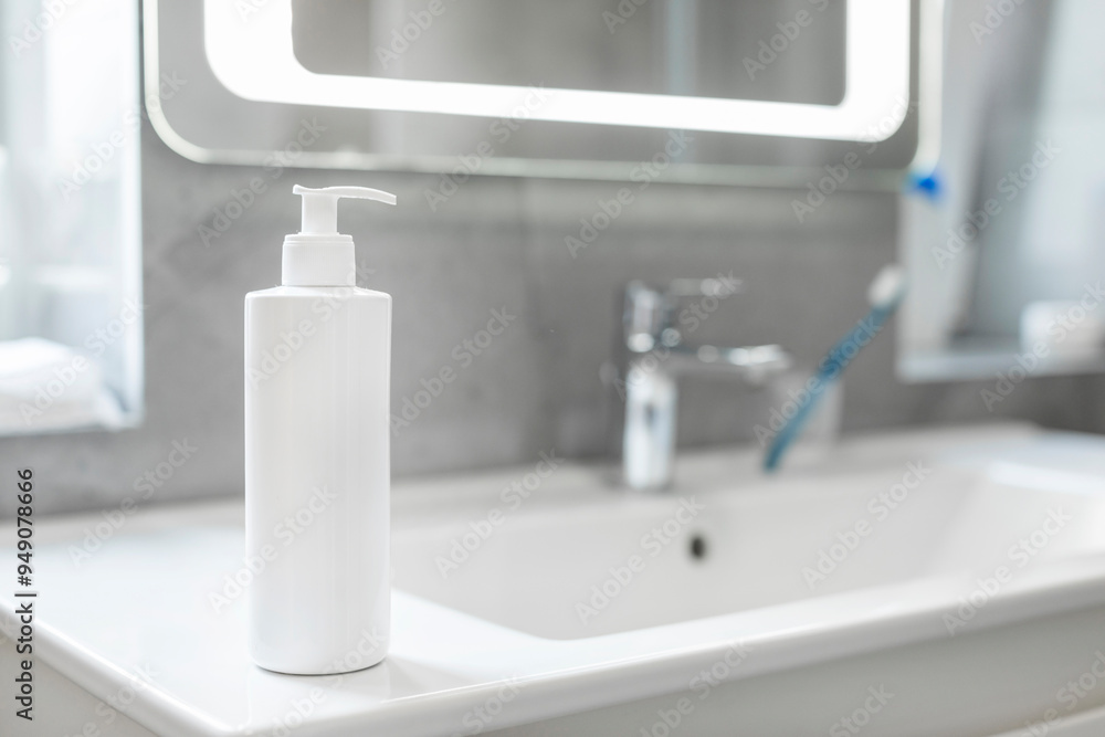White lotion cosmetic bottle on basin in bathroom closeup, cosmetic mockup for brand design. Personal care product White lotion cosmetic bottle on basin in bathroom closeup, cosmetic mockup for brand design. Personal care product