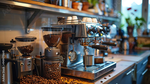 Professional coffee machine making espresso in a cafe