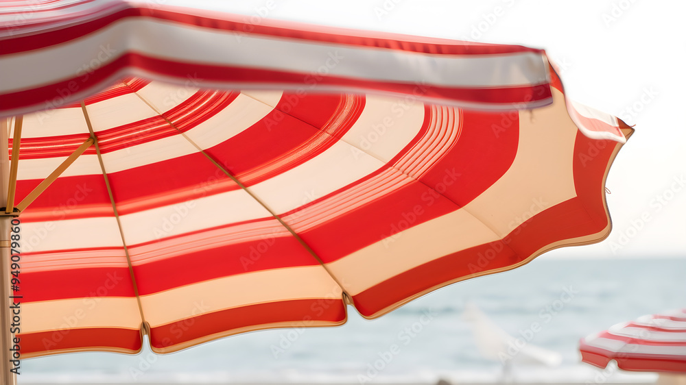 Close up of red and white striped sun parasol with blurry beach in background. generative AI Close up of red and white striped sun parasol with blurry beach in background. generative AI