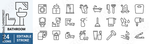 Bathroom web line icon set. Bath, shower, toilet, washbasin, cosmetic, mirror, soap bubble. Vector illustration.