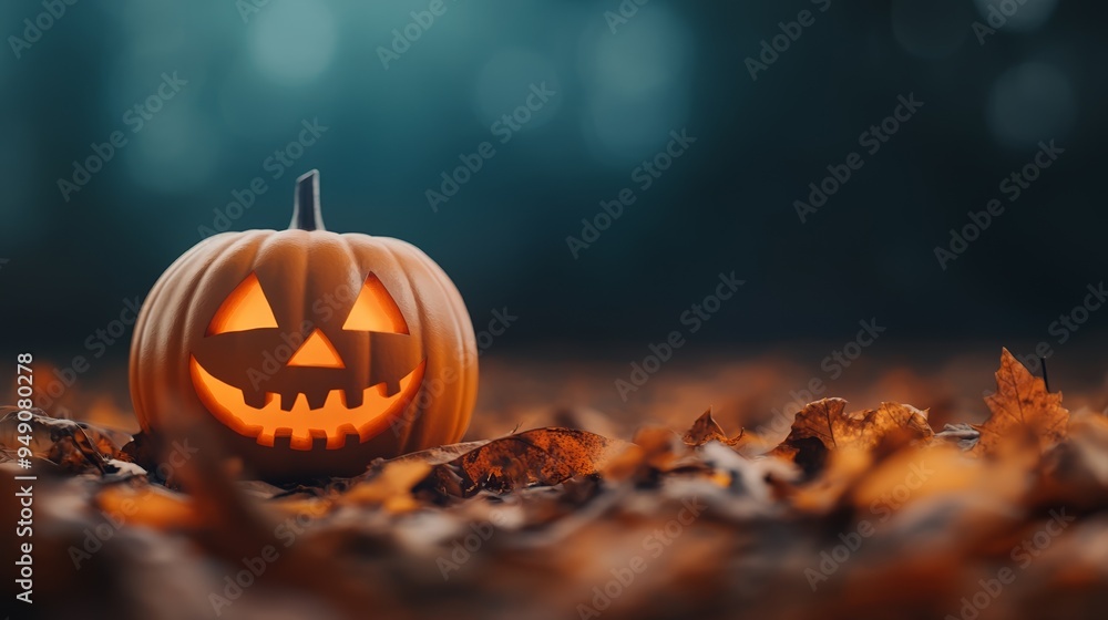 A glowing jack-o'-lantern sits among autumn leaves, symbolizing Halloween's festive spirit and seasonal beauty. A glowing jack-o'-lantern sits among autumn leaves, symbolizing Halloween's festive spirit and seasonal beauty.
