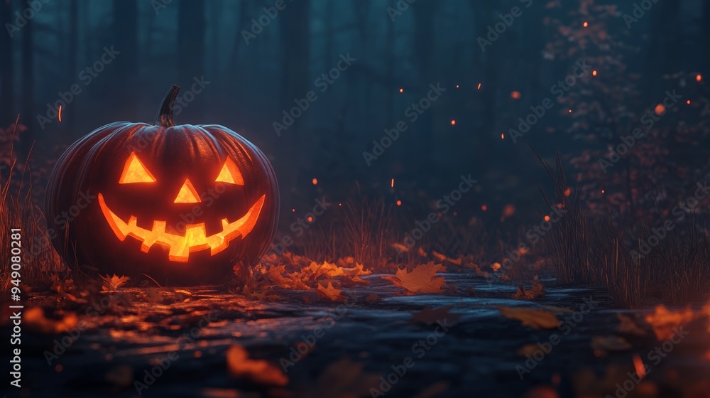 A glowing jack-o'-lantern sits among fallen leaves in a dark, misty forest, creating a spooky Halloween atmosphere. A glowing jack-o'-lantern sits among fallen leaves in a dark, misty forest, creating a spooky Halloween atmosphere.