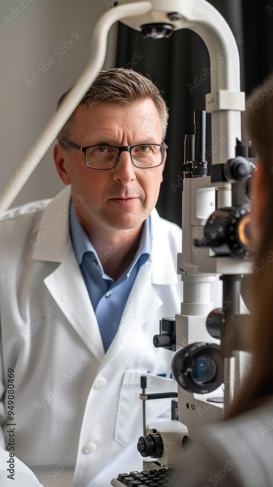 An optometrist conducts an eye exam with a slit lamp, focusing intently on the patient's vision during a routine check-up An optometrist conducts an eye exam with a slit lamp, focusing intently on the patient's vision during a routine check-up