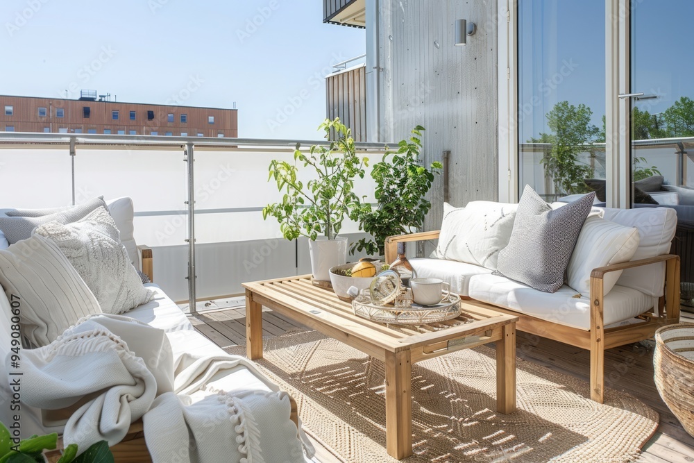 Obraz premium Scandinavian-inspired small balcony with white furniture, clean lines, and natural wood accents 