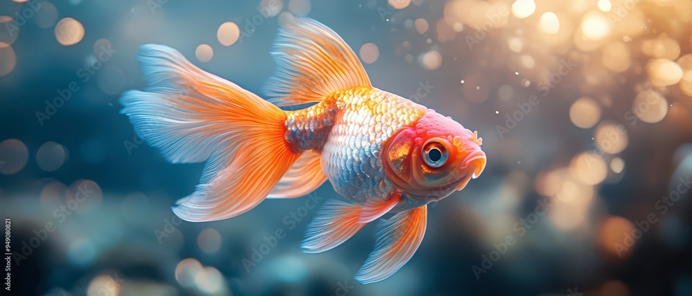 Goldfish swimming gracefully among shimmering particles in an aquarium Goldfish swimming gracefully among shimmering particles in an aquarium