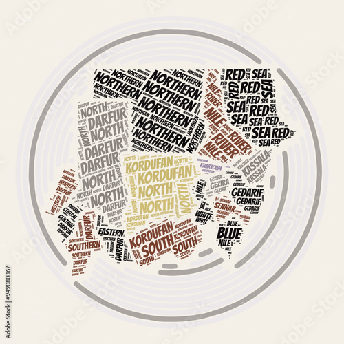 Sudan round poster in typography style, featuring a word cloud of regions in Sudan. Vintage design with a scratch texture.