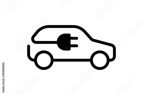 Electric car icon. Green electrical automobile charging plug black linear symbol. Eco friendly electro hybrid vehicle logo concept. EV auto electricity charger station eps logotype