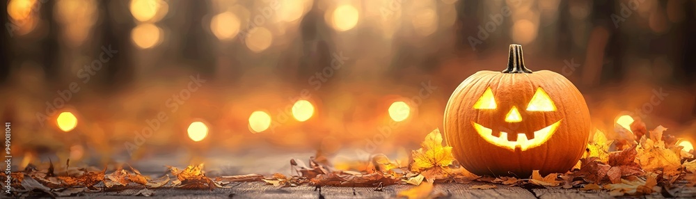 A glowing jack-o'-lantern stands amidst vibrant autumn leaves, capturing the essence of Halloween in a warm, enchanting setting. A glowing jack-o'-lantern stands amidst vibrant autumn leaves, capturing the essence of Halloween in a warm, enchanting setting.