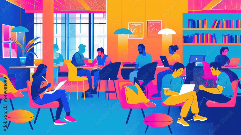 Individuals work and socialize in a vibrant co-working space filled with natural light and bright furniture Individuals work and socialize in a vibrant co-working space filled with natural light and bright furniture