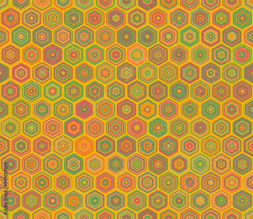 Geometric background. Rounded stacked hexagons mosaic pattern. Hexagon pattern. Multiple tones color palette. Seamless pattern. Tileable vector illustration.