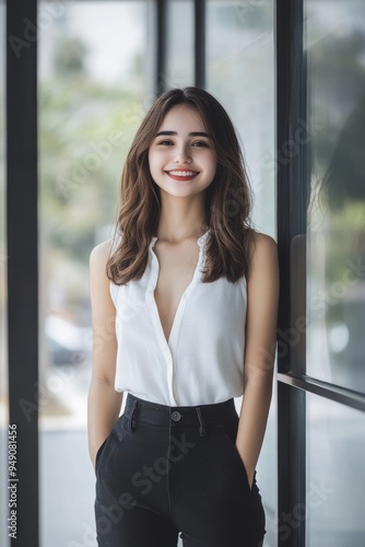 Teenage Oriental lady wearing white tank top and black pants is smiling and wearing a white tank top