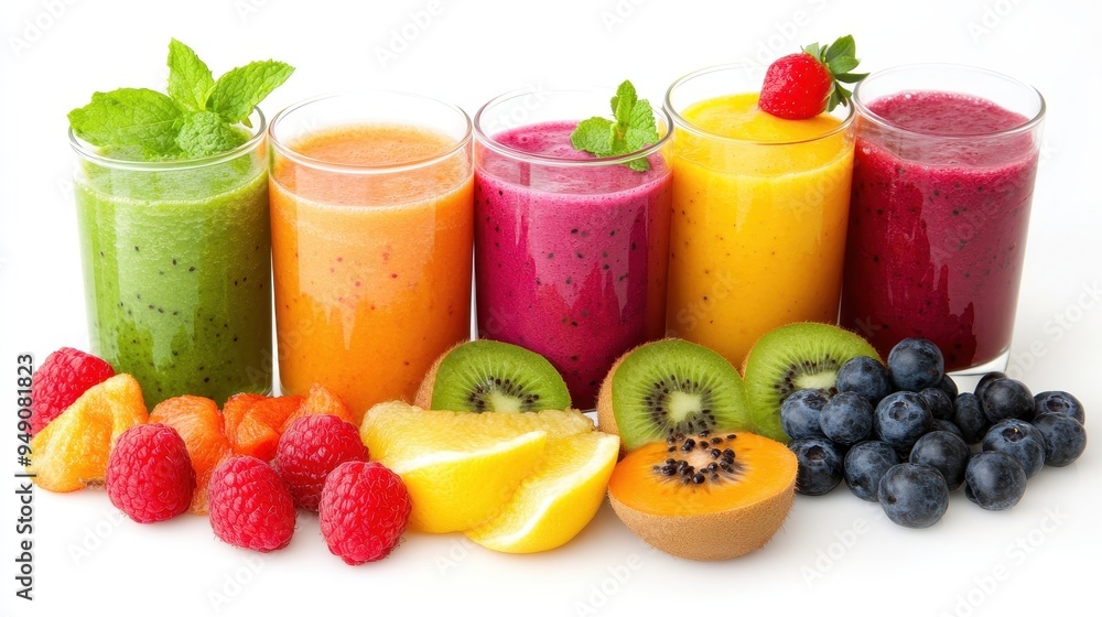 Colorful fruit smoothies are served in glasses, accompanied by an assortment of fresh fruits, creating a delightful and healthy treat Colorful fruit smoothies are served in glasses, accompanied by an assortment of fresh fruits, creating a delightful and healthy treat