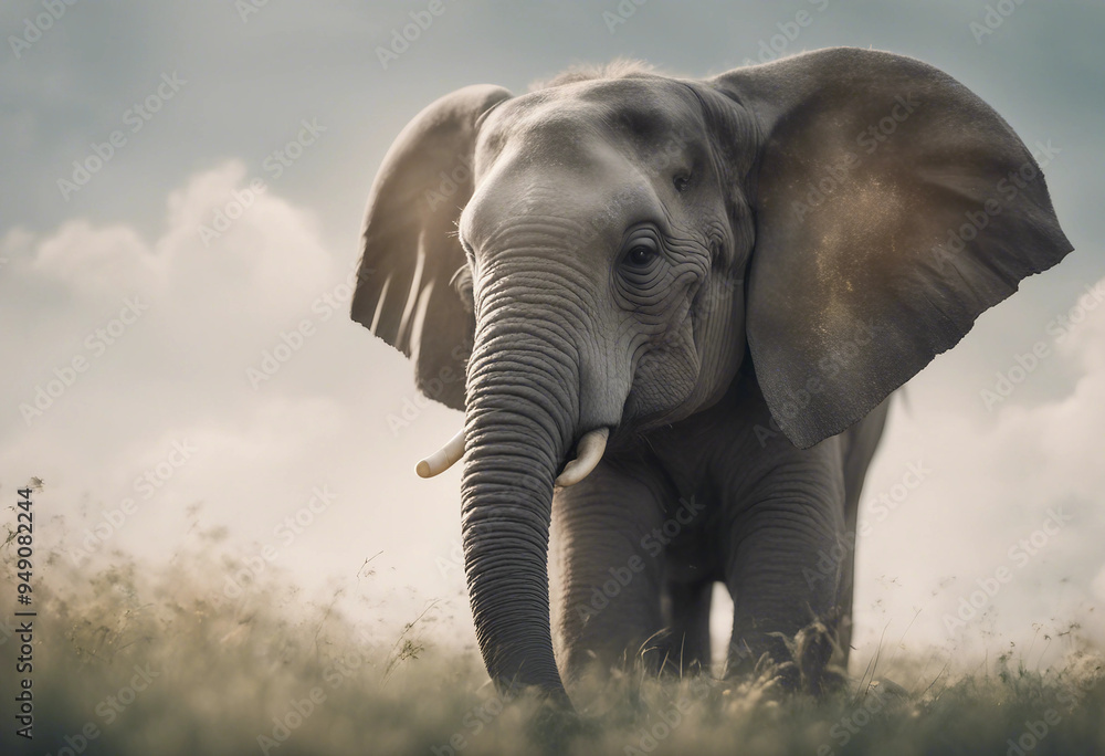 Fototapeta premium Side-view cute young elephant trunk upwards on transparency background
