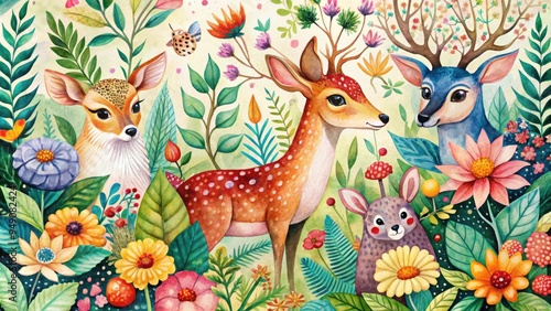 Vibrant, stylized floral patterns and whimsical woodland creatures dance across a soft, watercolor-inspired background, evoking a sense of wonder