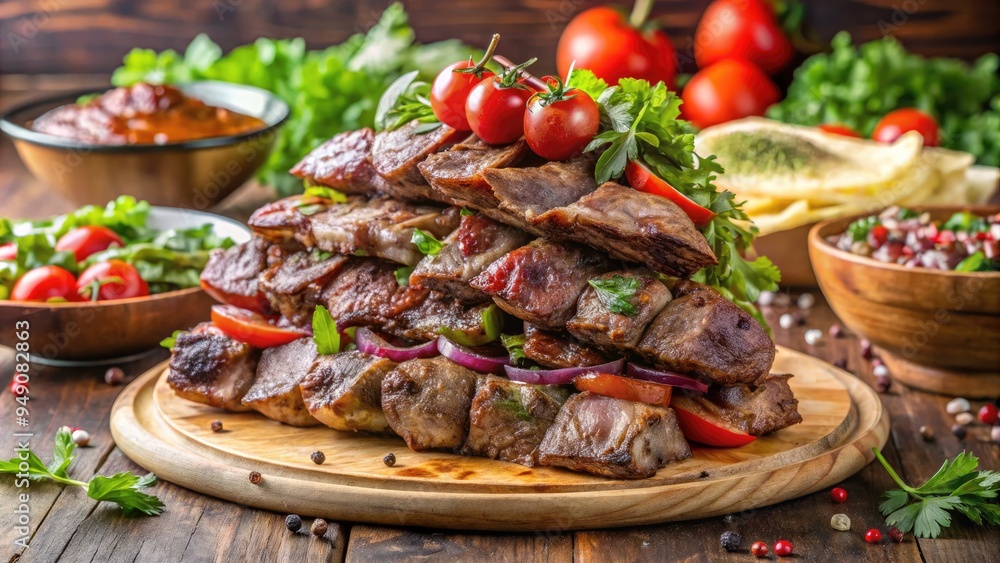 Juicy lamb and beef stacked on vertical spit, sizzling and crispy on the outside, served with crispy pita bread and refreshing salad in a Turkish restaurant. Juicy lamb and beef stacked on vertical spit, sizzling and crispy on the outside, served with crispy pita bread and refreshing salad in a Turkish restaurant.