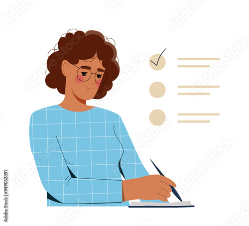 Person at work concept. Woman with make notes. Planning and scheduling, time management. Worker in office. Graphic element for website. Flat vector illustration isolated on white background