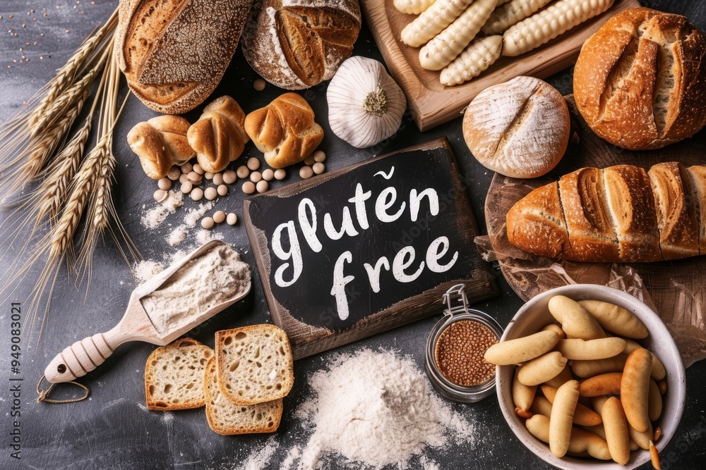 Variety of gluten-free bread and flour on a rustic table. Variety of gluten-free bread and flour on a rustic table.