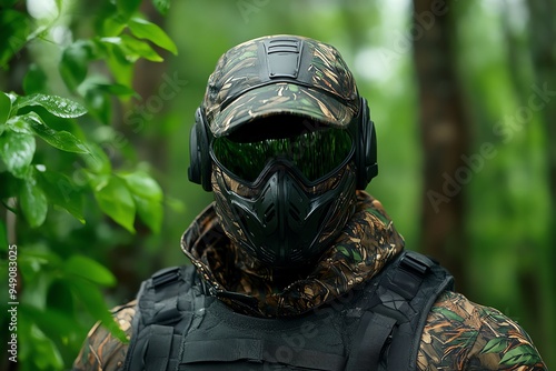 Hunting Forest with camouflaged gear, captured in a photo where the hunterâ€™s outfit blends seamlessly with the earth tones of the forest, making them almost invisible photo