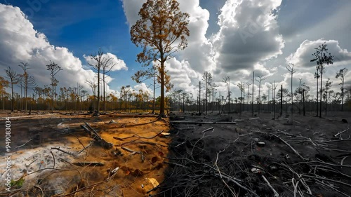 Wallpaper Mural contrasting landscape of vibrant forest and barren land, dramatic sky. environmental impact and climate change concept. Torontodigital.ca