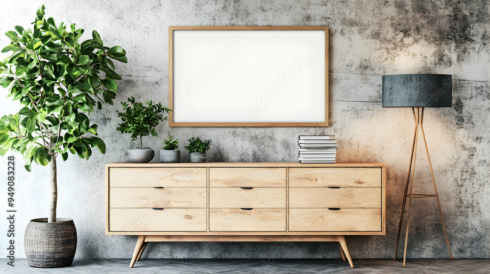 A warm-toned wooden dresser is set against a concrete wall in a cozy, urban living space A warm-toned wooden dresser is set against a concrete wall in a cozy, urban living space