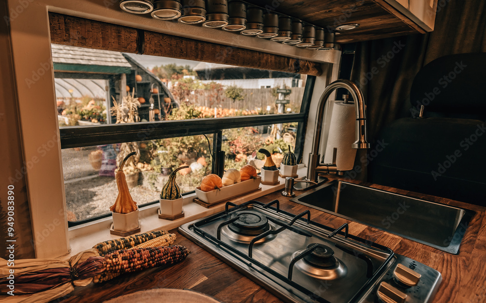 Autumn Scene Vanlife Interior with Window. Decorated with Pumpkins, Gourds, Corn on Kitchenette Pumpkin Patch Fall Foliage. Camper Van Travel Autumn Scene Vanlife Interior with Window. Decorated with Pumpkins, Gourds, Corn on Kitchenette Pumpkin Patch Fall Foliage. Camper Van Travel