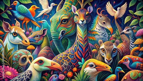 Vibrant, whimsical illustration of diverse animals, including birds, mammals, and reptiles, submerged in a mesmerizing blend of geometric shapes and organic patterns.