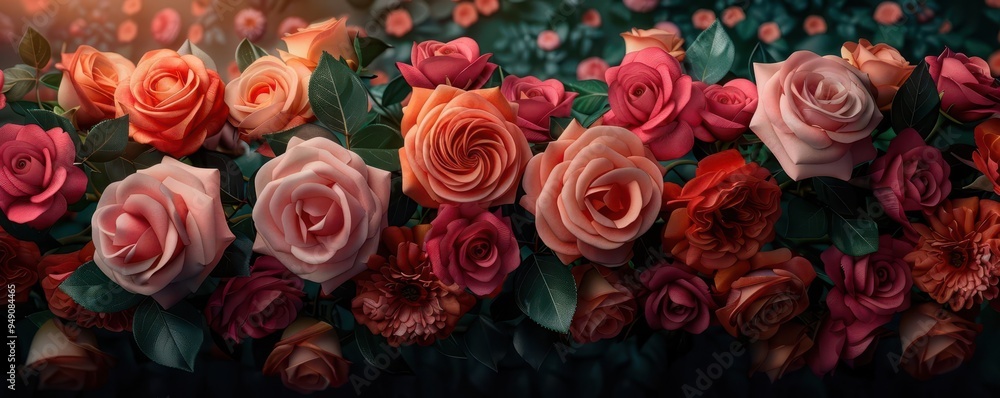 Photorealistic floral pattern with blooming roses and lush green leaves, intricate details, highresolution, vibrant colors, lifelike textures Photorealistic floral pattern with blooming roses and lush green leaves, intricate details, highresolution, vibrant colors, lifelike textures