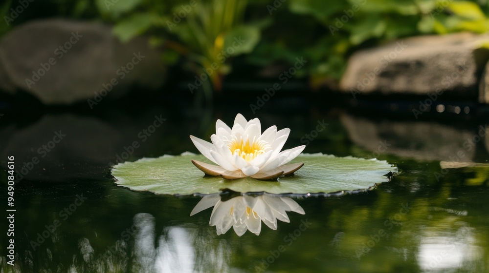 Serene Lotus Flower in Tranquil Pond with Zen Garden Reflection - Symbol of Peace and Calm Serene Lotus Flower in Tranquil Pond with Zen Garden Reflection - Symbol of Peace and Calm