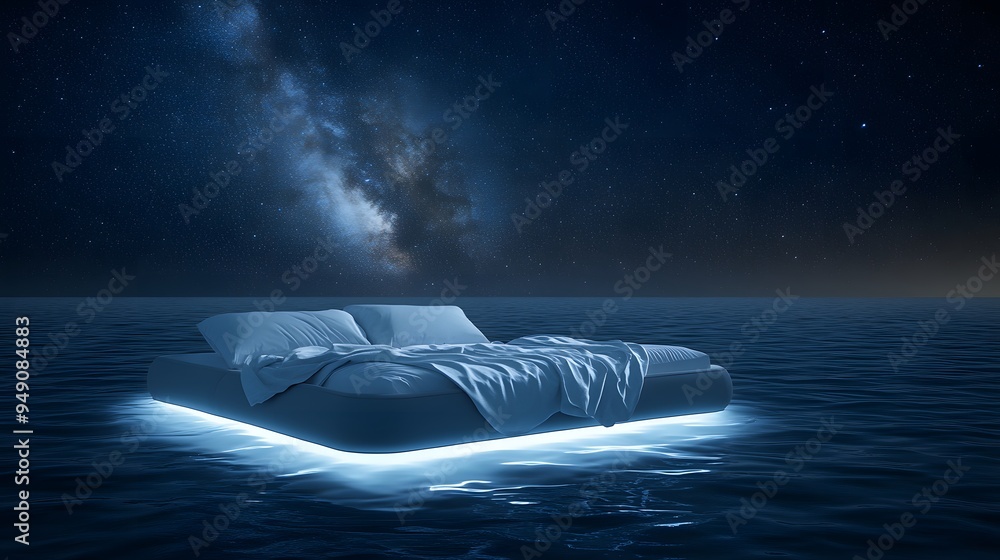 Obraz premium Modern bed floating on the ocean at night under a starry sky with the Milky Way visible