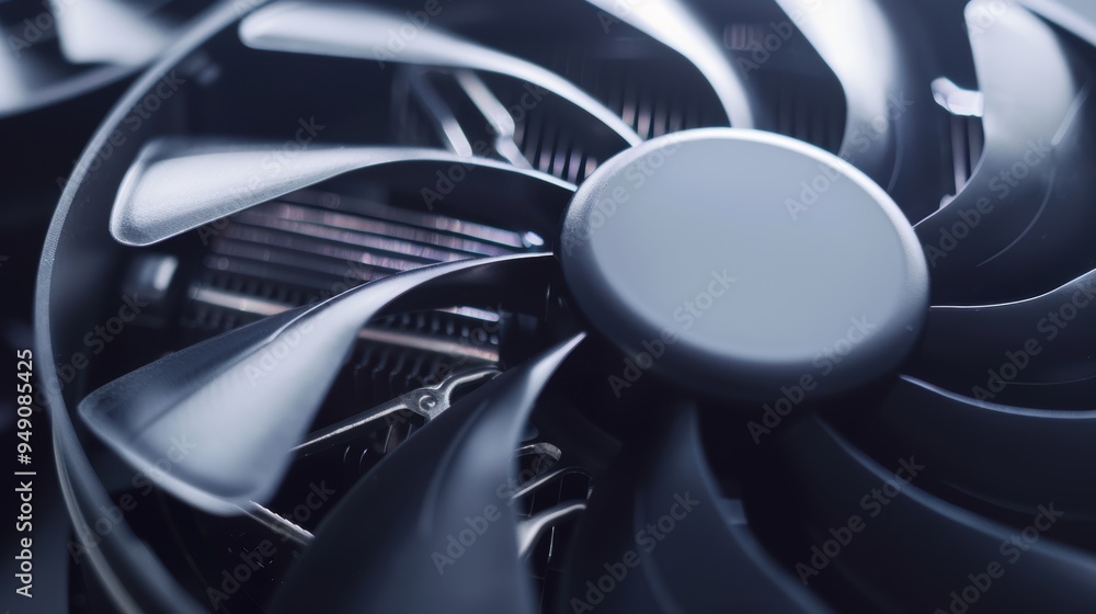 Close up of modern cooling fan spinning to prevent overheating Close up of modern cooling fan spinning to prevent overheating