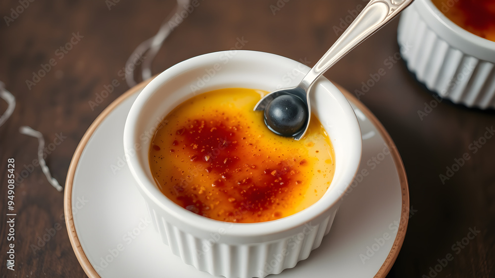 Creme Brulee dessert in white cremaic ramekin. Generative AI
