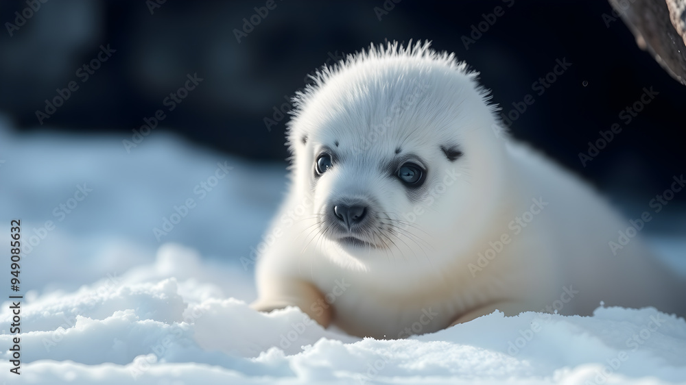 Cute seal pup with white fur in snow. Generative AI Cute seal pup with white fur in snow. Generative AI