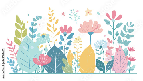 Botanical flowers, leaves. Soft color botanic background. Soft color flowers. Pastel tones botanical.