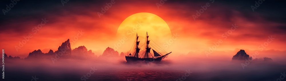 Fototapeta premium A majestic ship sailing against a vibrant sunset, casting shadows on the water and creating a serene, dramatic atmosphere.