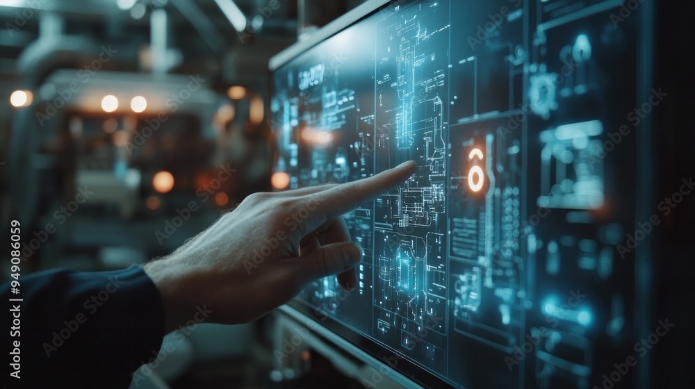 Integration idea. Touchscreen concept of smart technology and industrial automation Integration idea. Touchscreen concept of smart technology and industrial automation