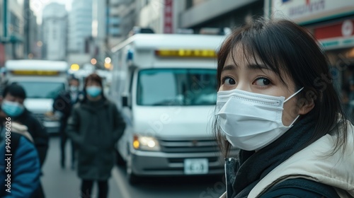 People in medical masks walk past ambulances outside hospitals, highlighting the urgency of addressing health concerns amid a crisis. Generative AI photo