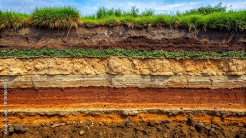 Macro view of a layered soil profile, showcasing distinct horizons of topsoil, subsoil, and parent rock, with varying textures, colors, and organic matter distribution. photo