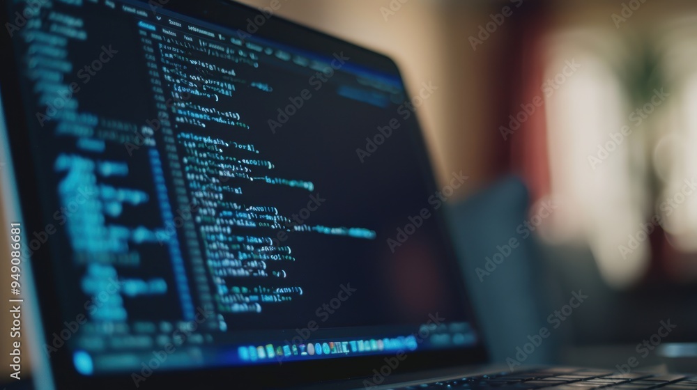 Modern laptop displaying lines of code in a blurred office environment Modern laptop displaying lines of code in a blurred office environment