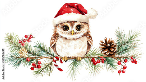 Boho Christmas owl clipart, with festive accessories, watercolor illustration, soft hues, isolated on white background