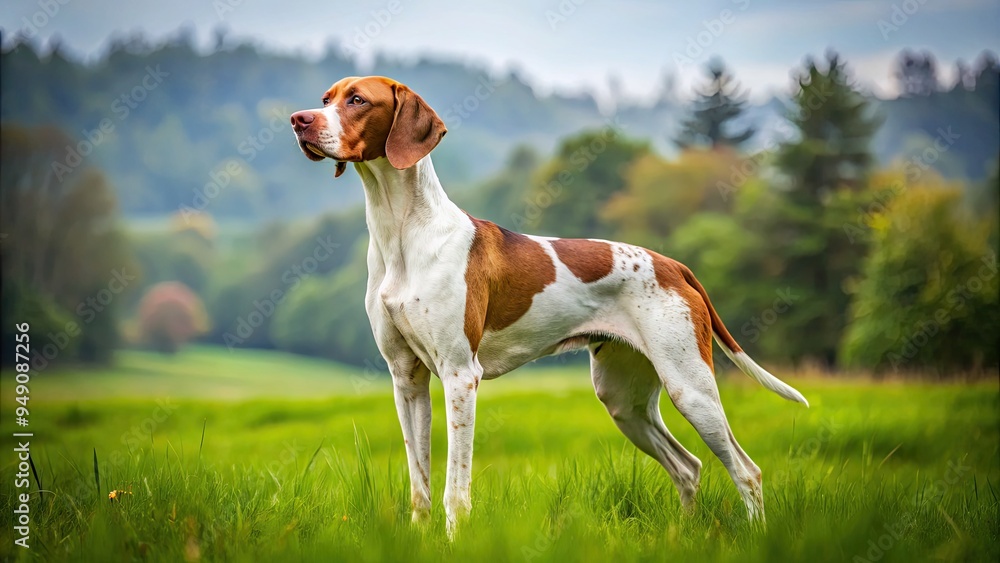 Majestic Spanish Pointer dog with a noble expression and distinctive coat pattern, standing in a lush green meadow, gazing into the distance. Majestic Spanish Pointer dog with a noble expression and distinctive coat pattern, standing in a lush green meadow, gazing into the distance.