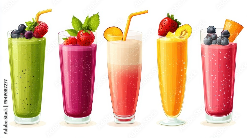 This arrangement features five delightful fruit smoothies served in tall glasses, highlighting a variety of colors and flavors from fresh fruits This arrangement features five delightful fruit smoothies served in tall glasses, highlighting a variety of colors and flavors from fresh fruits