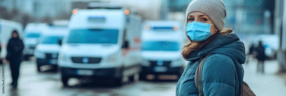 Fototapeta premium Medical staff in protective masks assist patients as long lines of ambulances arrive at overcrowded hospitals during a health crisis. Generative AI
