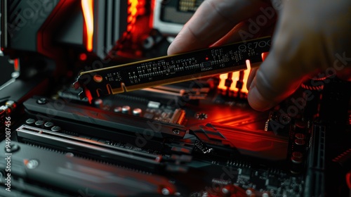 Technician installing ram memory module into gaming motherboard photo