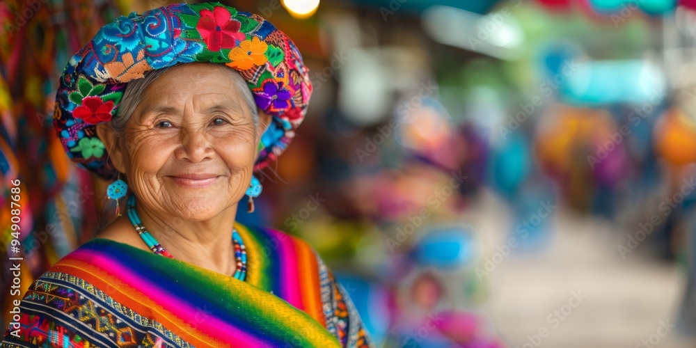 Fototapeta premium Elderly woman wearing traditional clothing with a bright smile at a market. Cultural heritage and joy concept.