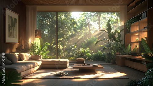 Modern Living Room with Large Window and Tropical View