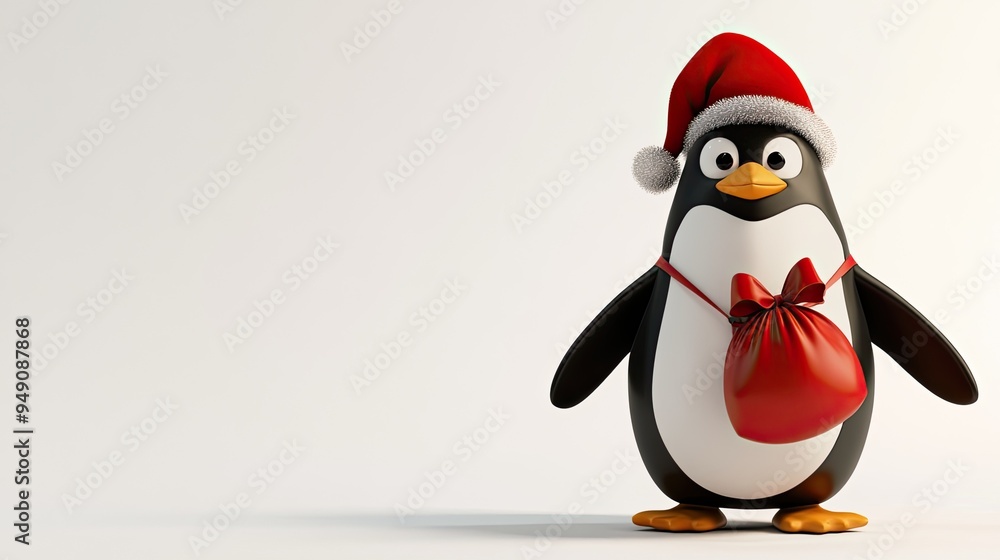 Obraz premium A cheerful penguin dressed in a Santa hat holding a gift bag ready for the holiday season in a festive atmosphere