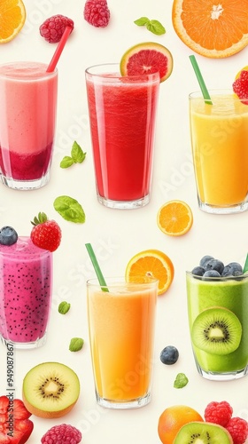 Delicate fruit smoothies are served in clear glasses, displaying a variety of vibrant colors and flavors from fresh fruits