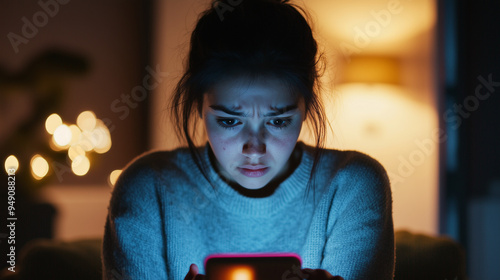 A woman looks in her phone in distress, perhaps she is being harassed, stalked, cyberbullying, revenge porn. Her face is lit by the screen and she is clearly upset or worried. Landscape 16:9